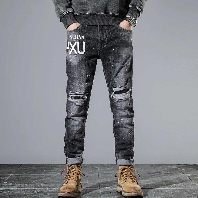 Ripped Jeans Men Black Gray Slim Stretch Hip Hop Denim Pants Moto Patch Distressed Trousers Man Grunge Letters Original Designer