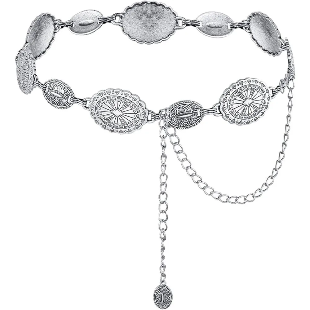 Metalowy pasek z łańcuszkiem dla kobiet Western Cowgirl Regulowany Concho Silver