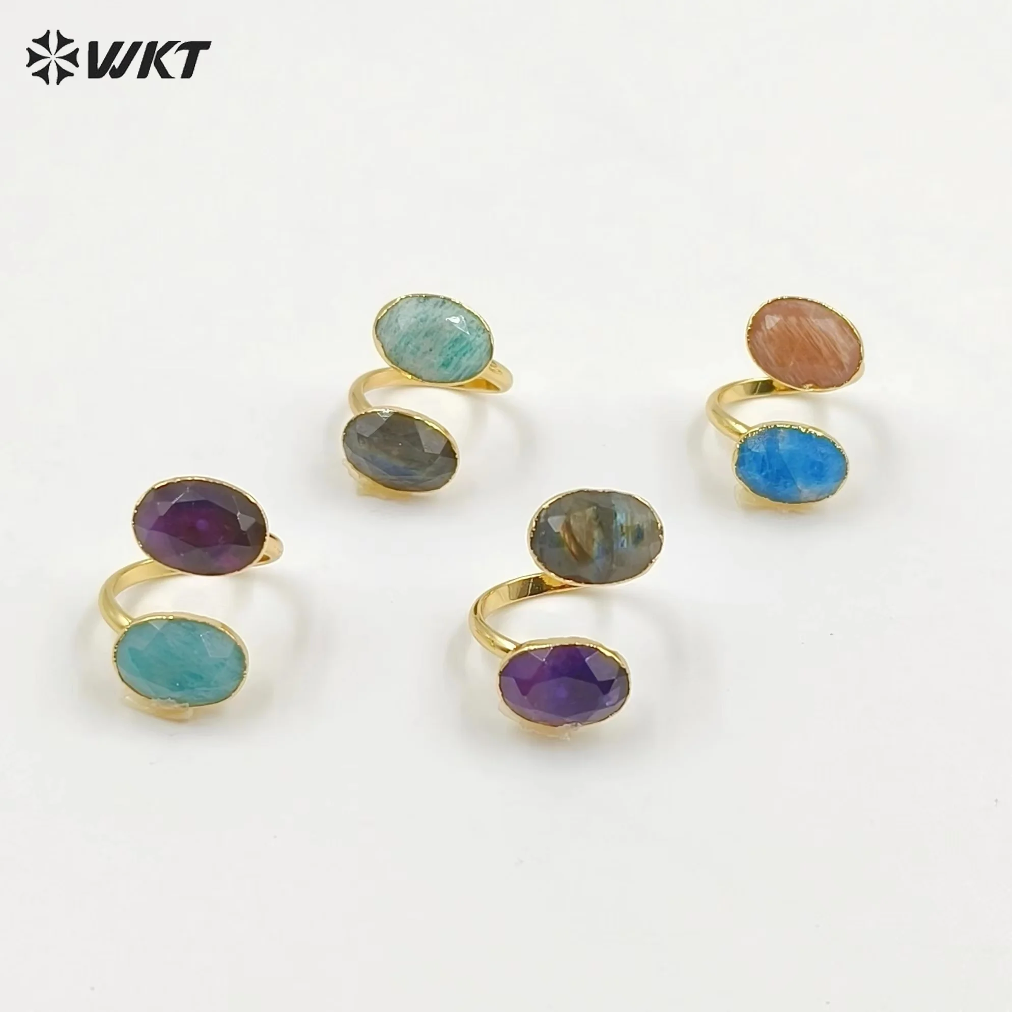 WT-R478 Fashion 18K Real Gold Plated Double Oval Faceted Natural Amethystt Labradorite Amazonite Gemstone Ring In Adjustable