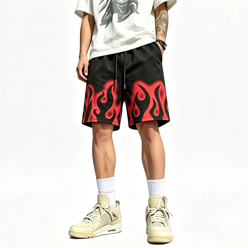 Men Flame Print Loose Hip Hop Shorts Elastic Drawstring Waist Exquisite Hem Breathable Street Daily Travel Outdoor Casual Shorts