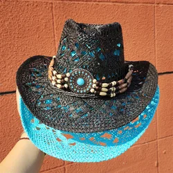 Western Cowboy Straw Hat for Men and Women Hollowing Out Summer Sun Beach Hat Protection Outdoor Fishing Climbing Retro Cap