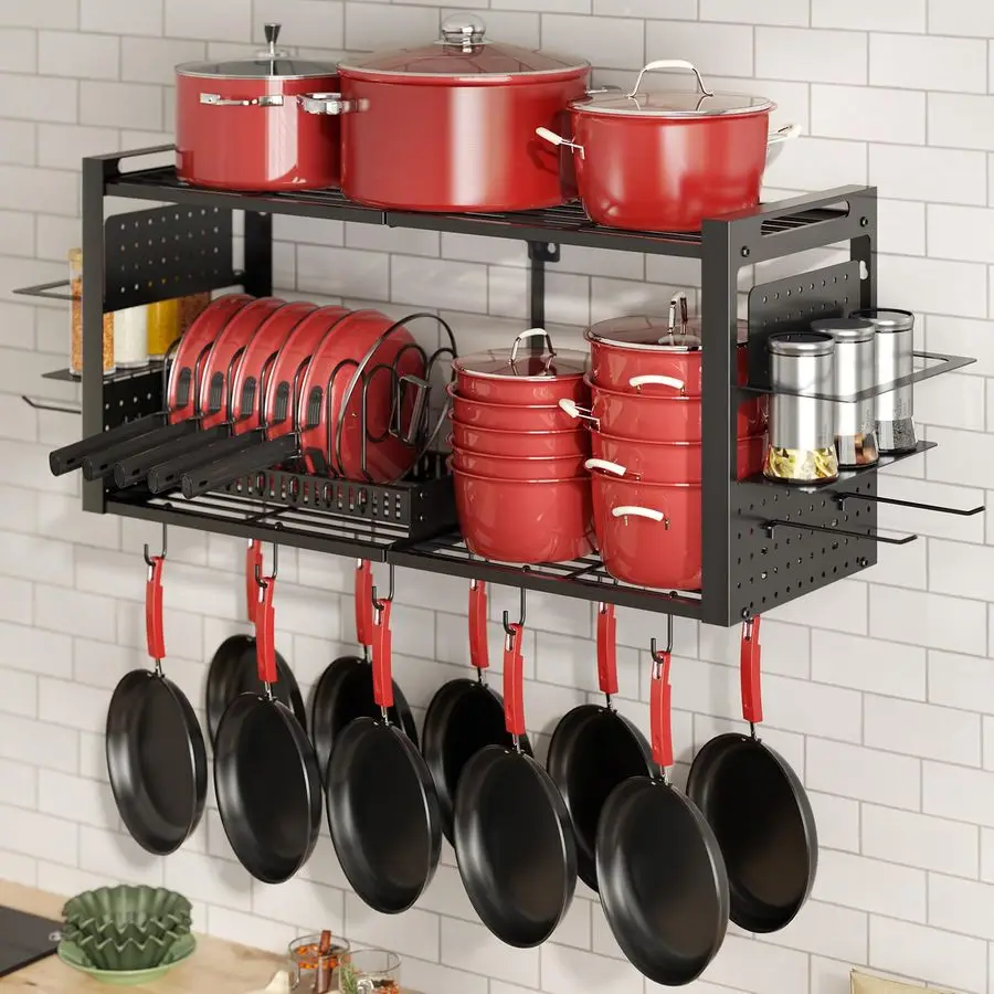 

Inch Pot Rack Wall Mounted3 in 1 Pots and Pans Organizer with 2 tier Kitchen Racks amp Pot Lid Organizer Holder and 20 Hooks,Hea