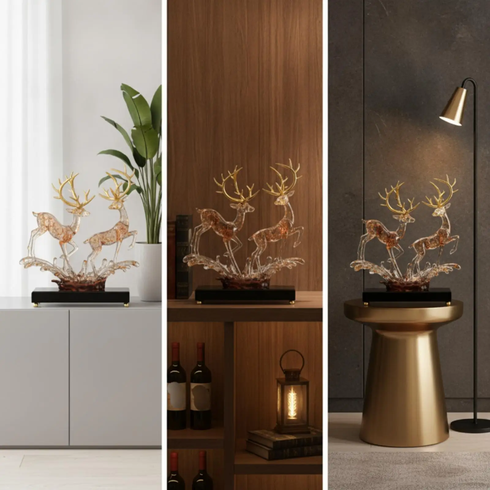 Deer Statue with Wave Base Resin Tabletop Ornament Amber-Toned for Console Table