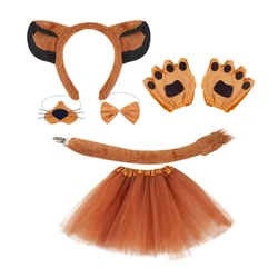 Kids Halloween Lion Outfit Lion Cosplay Costume Set with Lion Tail Lion Ear Headband Nose Bowtie Skirt and Gloves