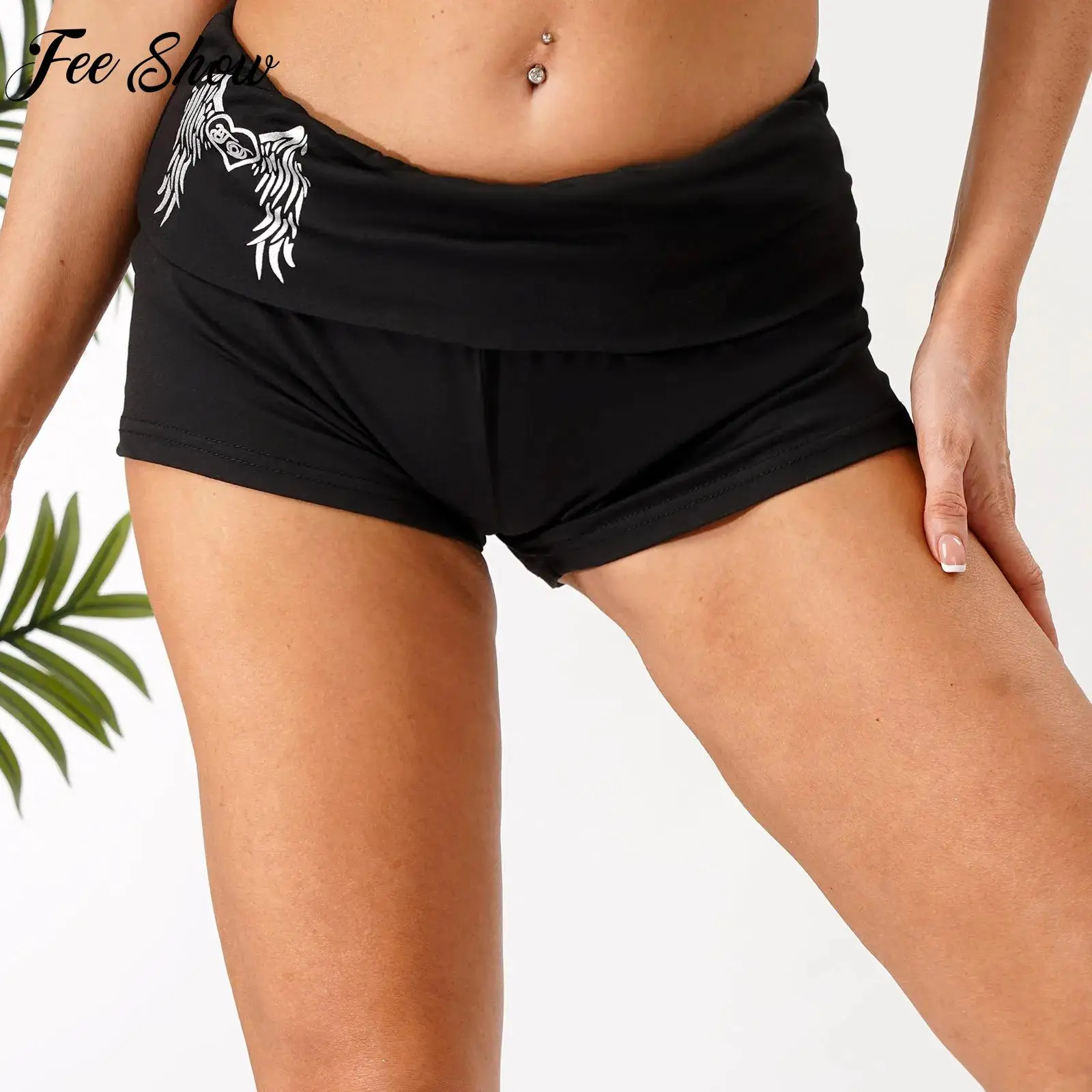 

Summer Women Stretchy Fitness Shorts Fashion Wings Printed Shorts Bottom Hot Pants for Yoga Workout Gym Exercise Running Cycling