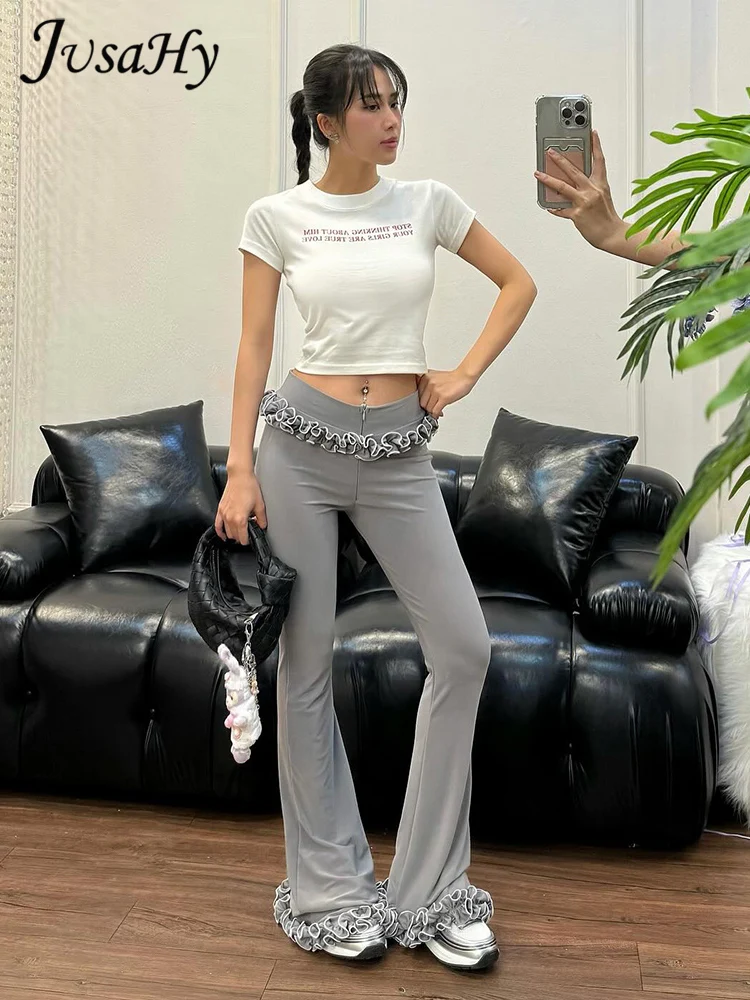 Jusahy Casual Chic Ruched Patchwork Trouser Women Solid Classic High Waist Fit And Flare Elastic Pants Female Basic Trend Bottom