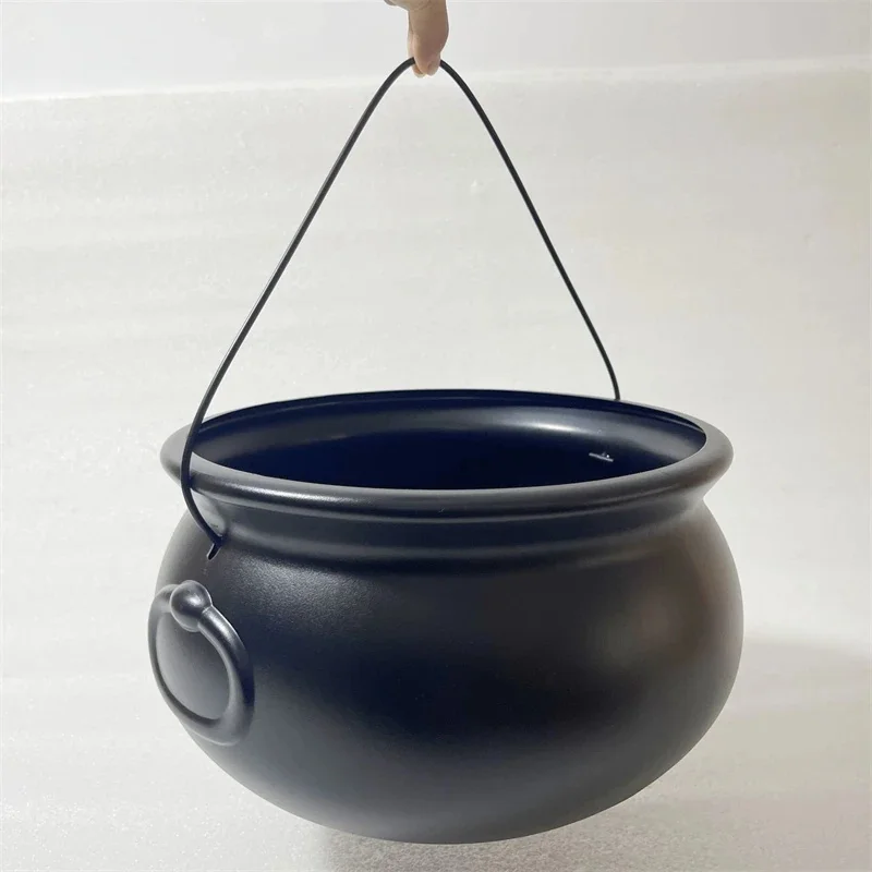 32cm Large Capacity Reusable Black Witch Cauldron Portable Plastic Halloween Candy Bucket For Trick Or Treat Party Home Decor