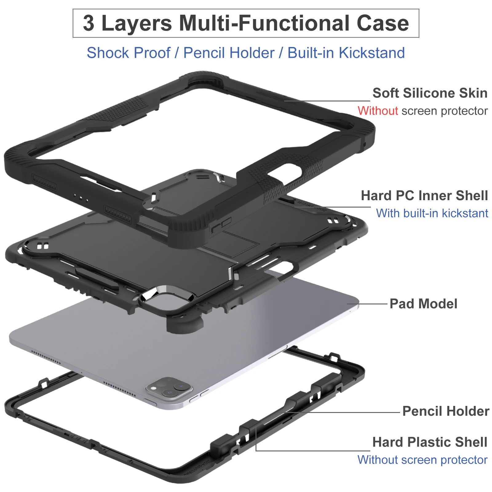 Armor Case For iPad Pro 11 2024 Model A2836 A2837 A3006 3-Layers Protection Built-in Kickstand Cover With Pen Slot Shockproof