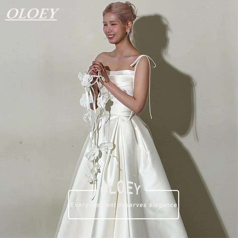 

OLOEY Elegant A-Line Wedding Dress Korea Photoshoot Pleated Soft Satin Bridal Gown Customized Sauqre Collar Spagetti Straps