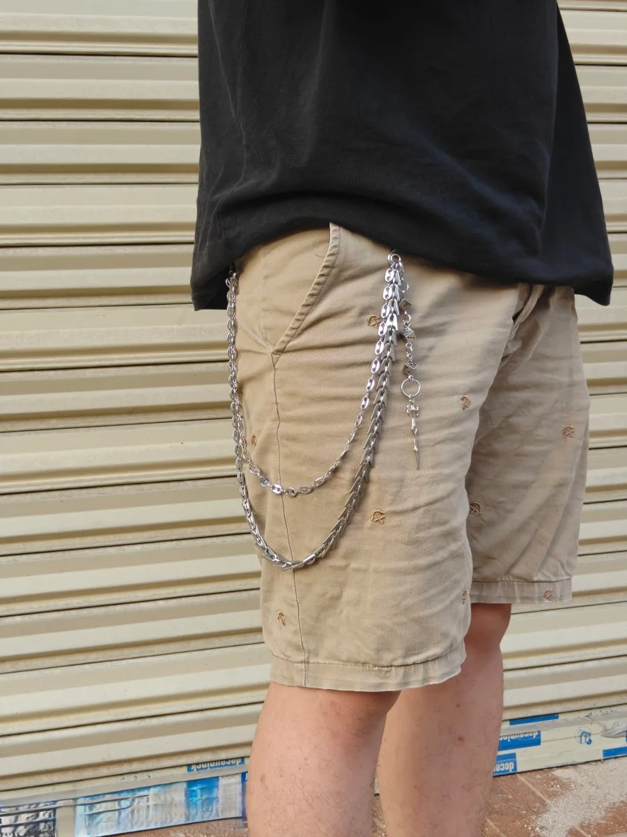 Double Layer Fishbone Pants Chain, Stainless Steel Silver Jean Chain with Dice Sword Pendant, Unisex Y2K Hip Hop Wallet Chain