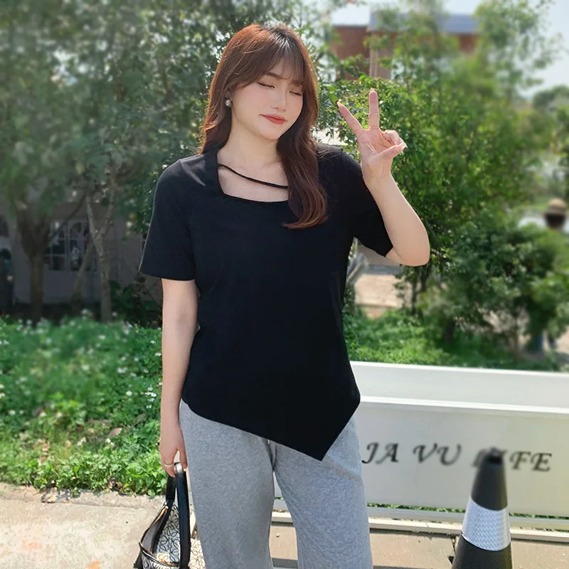 Plus size Summer Top Short Sleeves Fashion T-shirt Large Fat mm Skin Covering Slim Thin Knitted Shirt 3028