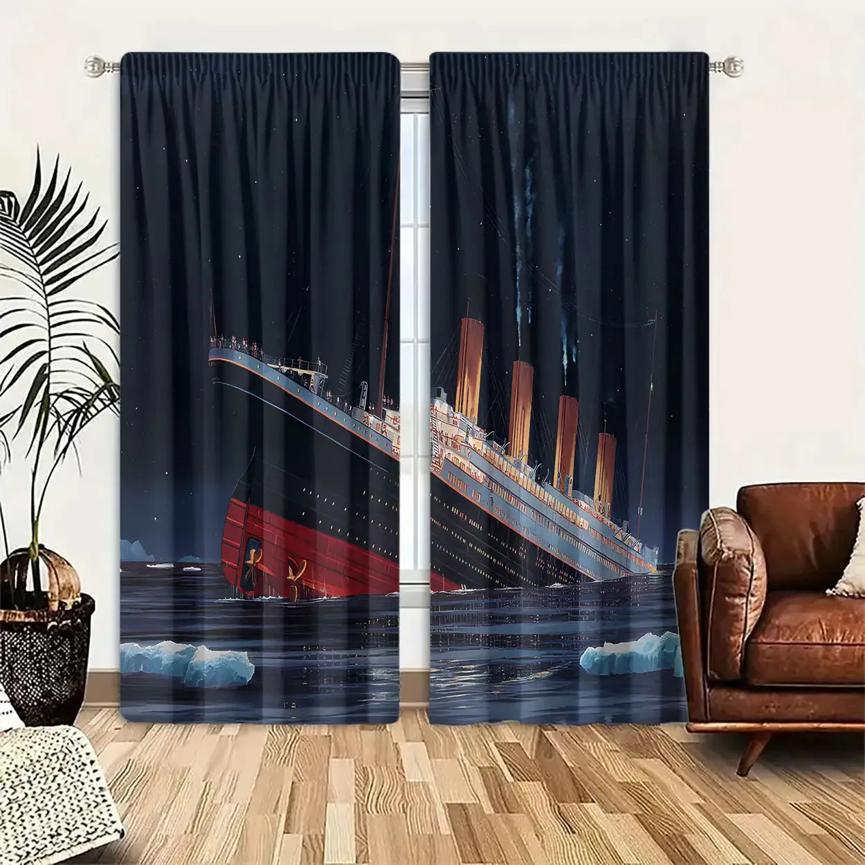 2 Panels Titanic Ship Curtains - Dark Blue Maritime Window Drapes with RMS Titanic Design, Light Blocking & Privacy for Bedroom,