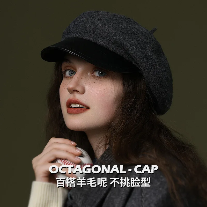 หมวกเบเร่ต์ผู้หญิงแฟชั่นฤดูใบไม้ร่วงและฤดูหนาว  วัสดุขนสัตว์  สไตล์ญี่ปุ่น  ใช้งานได้หลากหลาย  กันลมและให้ความอบอุ่น  ทรงคลาวด์