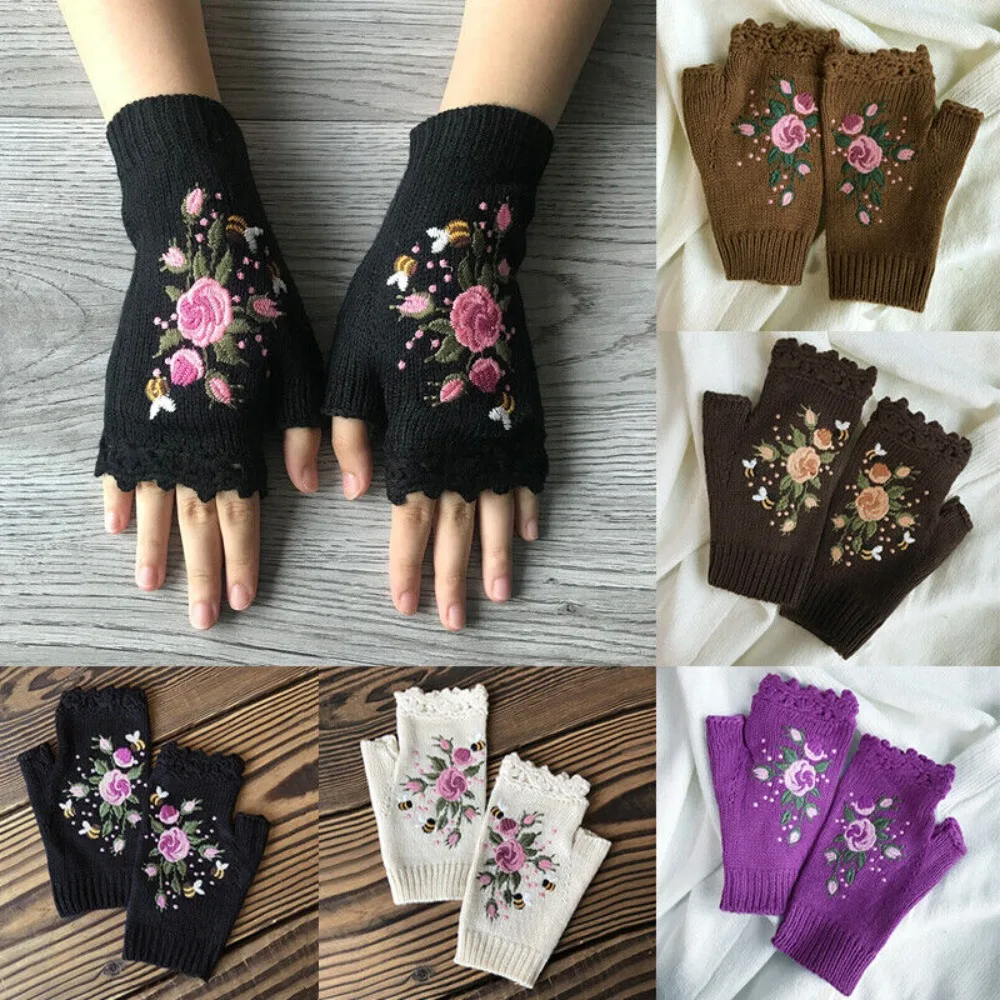 Fashion Floral Bee Embroidery Knitted Fingerless Gloves Keep Warm Thumb Holes Flower Mittens Wrist Length Mittens Women