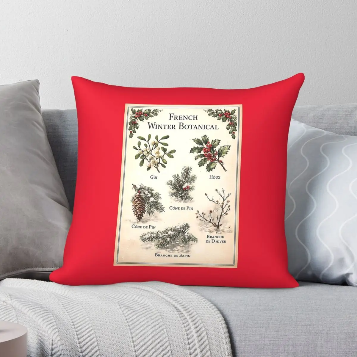 French Winter Botanical Evergreen Square Pillowcase Polyester Linen Velvet Creative Decor Throw Pillow Case Sofa Cushion Cover