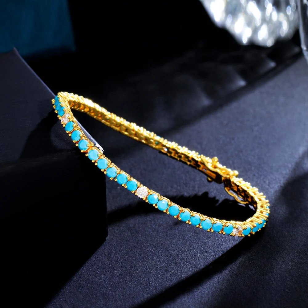 CWWZircons New Fashion 3mm Round Blue Turquoises Stone Classic Tennis Chain Bracelets for Women Girl Gold Plated Jewelry CB337