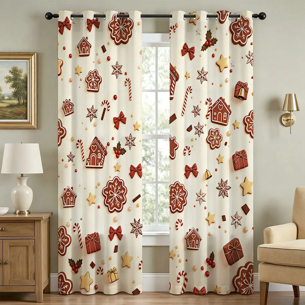 2pcs Christmas Gingerbread House Decor Print Perforated Blackout Curtains Privacy Protection Living Bedroom Stylish Home Deco