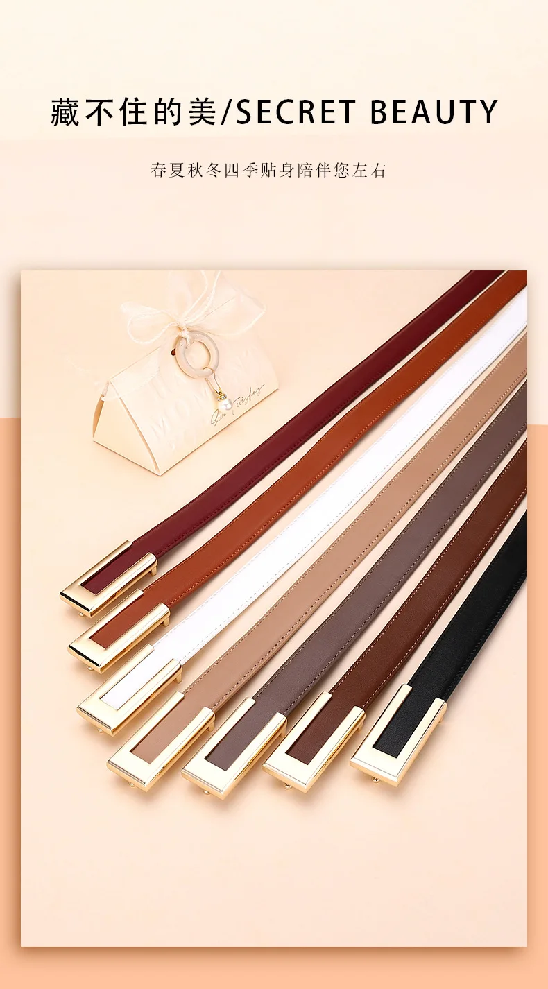 Glänzender Goldschnallen-Gürtel für Damen aus Rindsleder, Modischer Taillengürtel, Vielseitiger Glatter Schnallen-Dekorationsgürtel für Kleider und Hosen – Detail 2