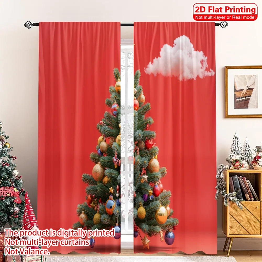 

2pcs 2D flat printing Merry Christmas Scene Curtains Christmas Tree Ornaments Festive 100% Polyester Without Electricity Festive