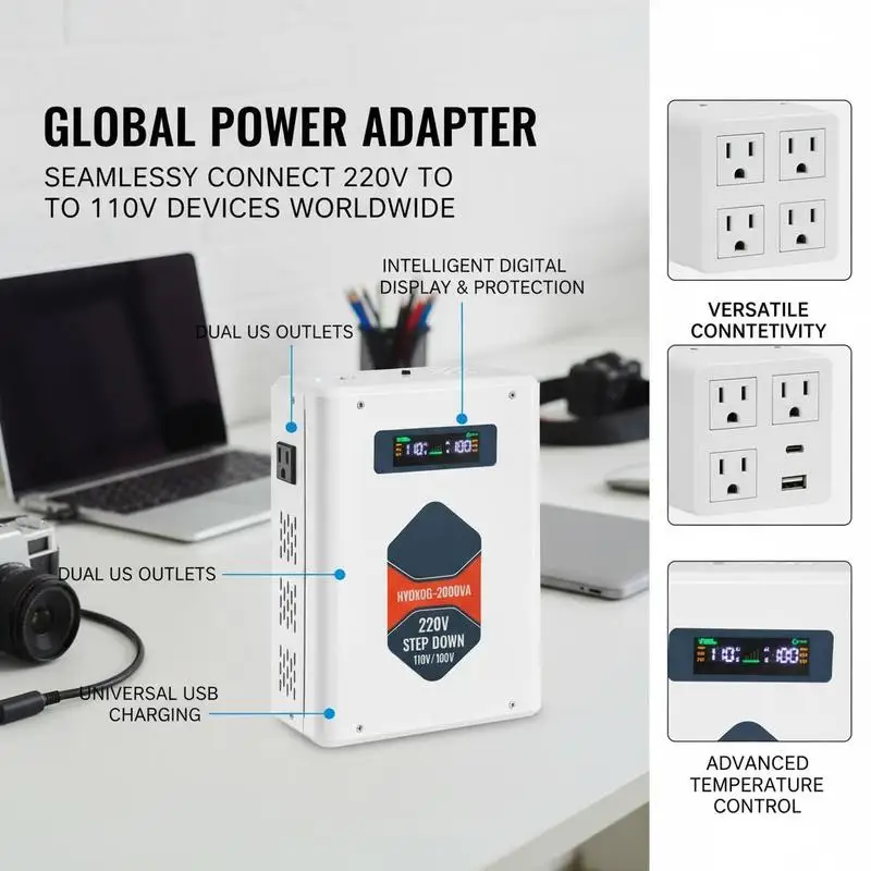 Convertisseur de tension 2000 VA 220V vers 110V, 2 prises US, port USB, écran LCD, protection contre les surcharges et les surintensités