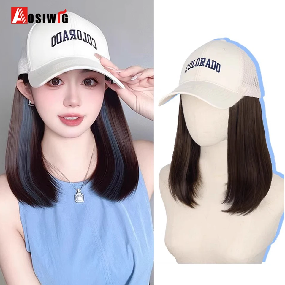 Synthetic Long Straight Inner Buckle Black Highlight Blue Off White Cap Hat Wig Hair Extension Daily Wear Baseball Summer Cap Wi