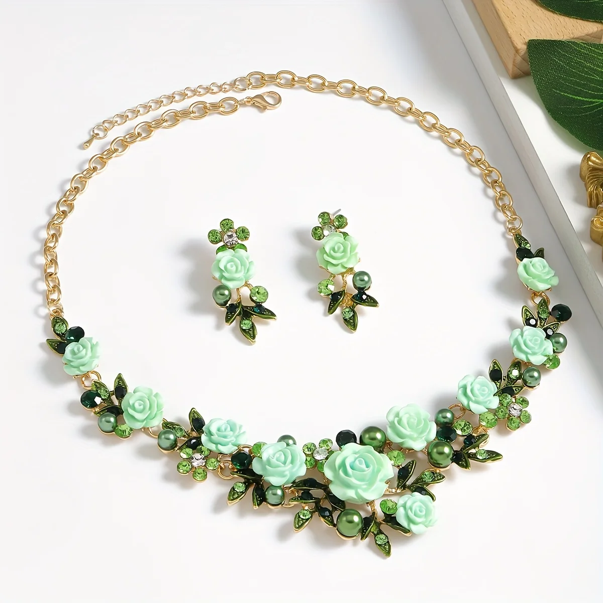 Vedawas 3pcs/set Bohemian rose necklace earrings accessories set，Rhinestones imitation pearl wedding party lady accessories
