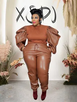 2 parça Set bayanlar sonbahar ve kış artı boyutu kadın giyim 2xl 3xl 4xl 5xl kıyafetler Patchwork Pu örgü üst ve deri pantolon setleri