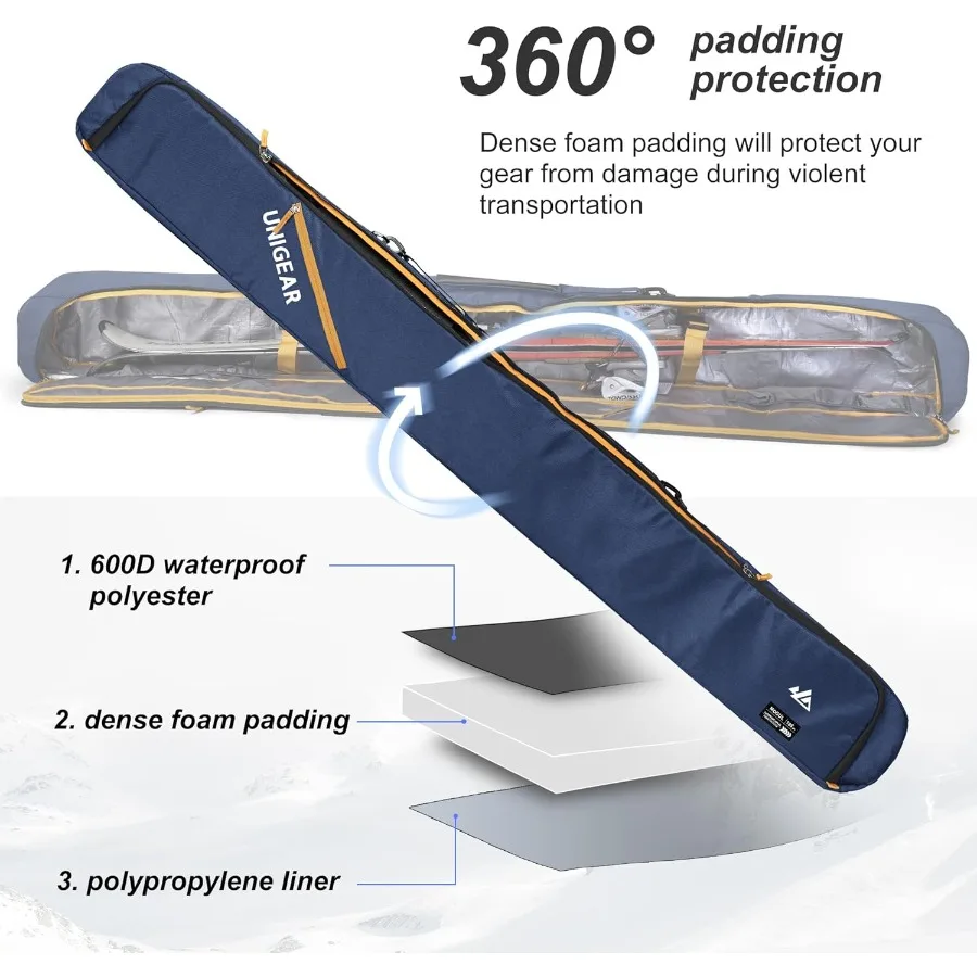 حقيبة تزلج يونيجير للسفر الجوي 360 °   حماية مبطنة بالكامل مقاومة للماء ومتينة حتى 192 سم لنقل السفر بالهواء الثلجي