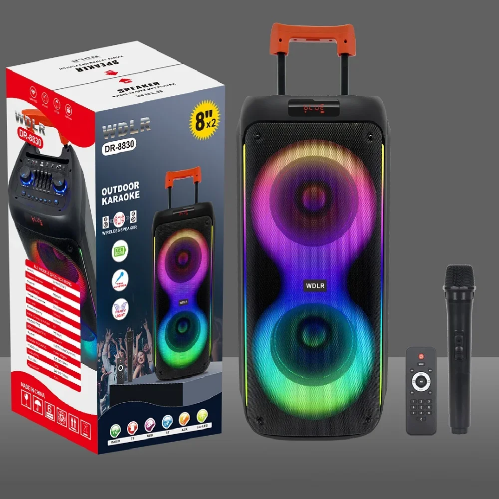 

New Dual 8inch Portable Trolley Speaker Box RGB LED Lighting USB Communication 40W Guita Audio For Party