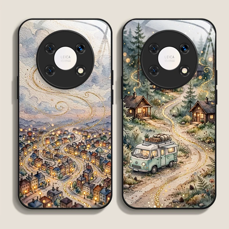 Retro Streetscape House Scenery Pattern Tempered Glass Phone Case for Huawei Nova 13 12 11 10 SE Mate60 50 40 Pro+ P60 P40 Cover