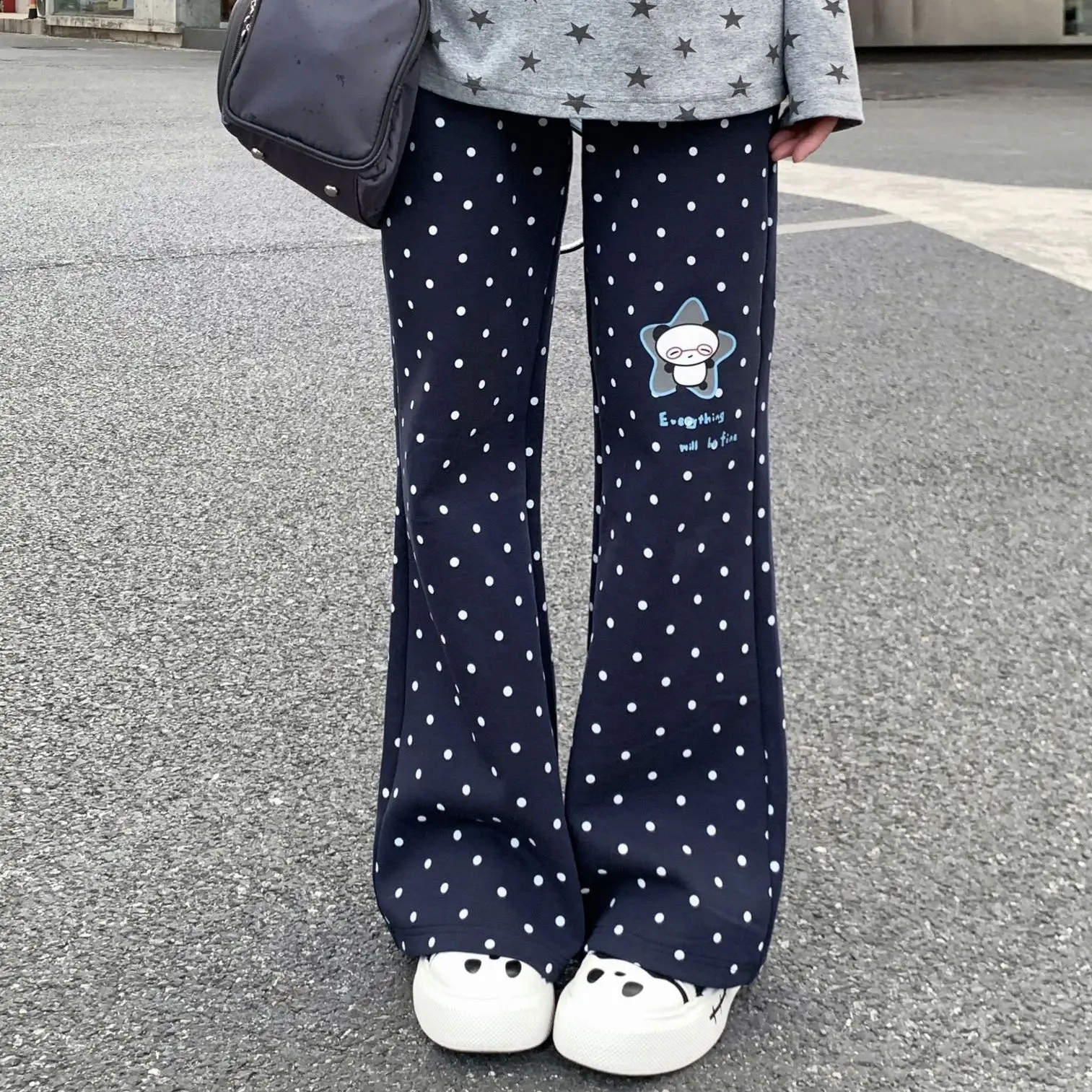 Y2k خمر 2000s البولكا نقطة سراويل تقليدية لطيف الكرتون الباندا طباعة مضيئة الكورية نمط لعوب الشارع موضة Harajuku فتاة شابة #2