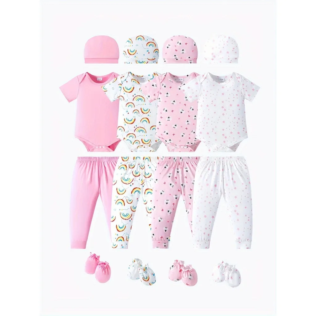 4Sets/Bundled Newborn Baby Girl Clothing Set Short Sleeve Romper+Pants+Gloves+Hat 4Pcs Outfits Summer Casual Wear for 0-12Months