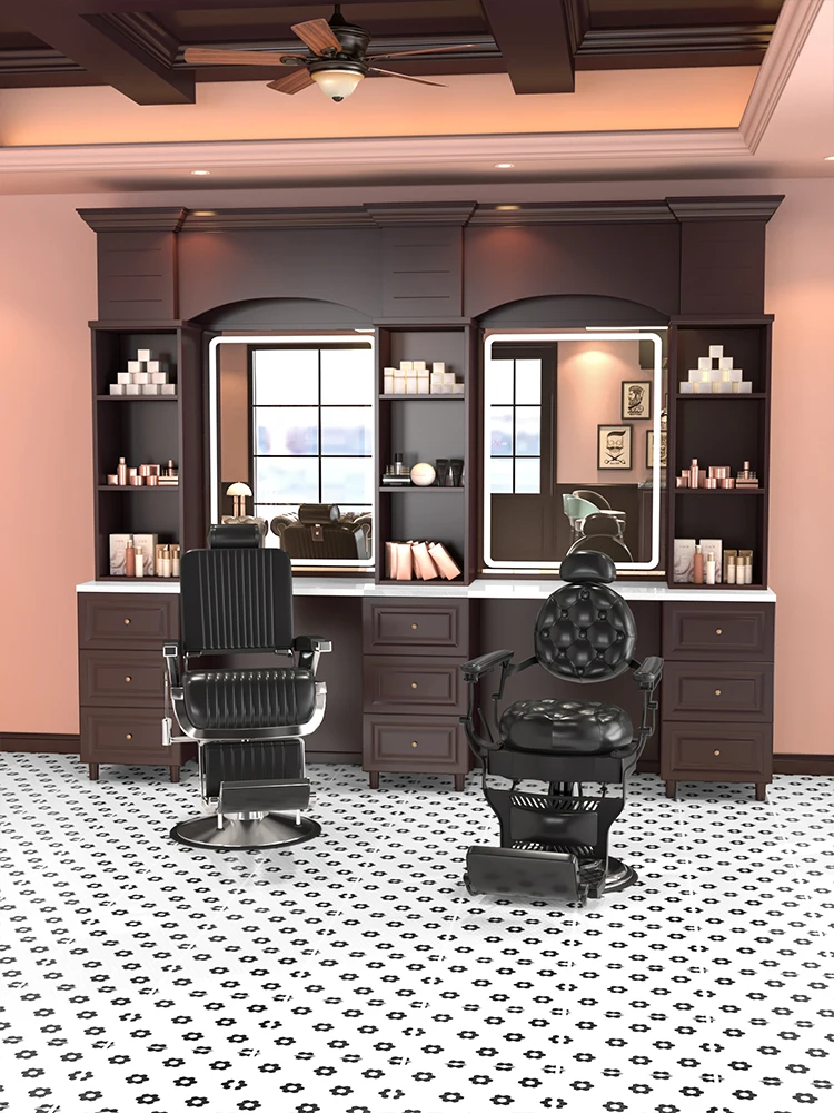 Men's barber shop dedicated mirror high-end hairdresser retro solid wood haircut and dyeing mirror.