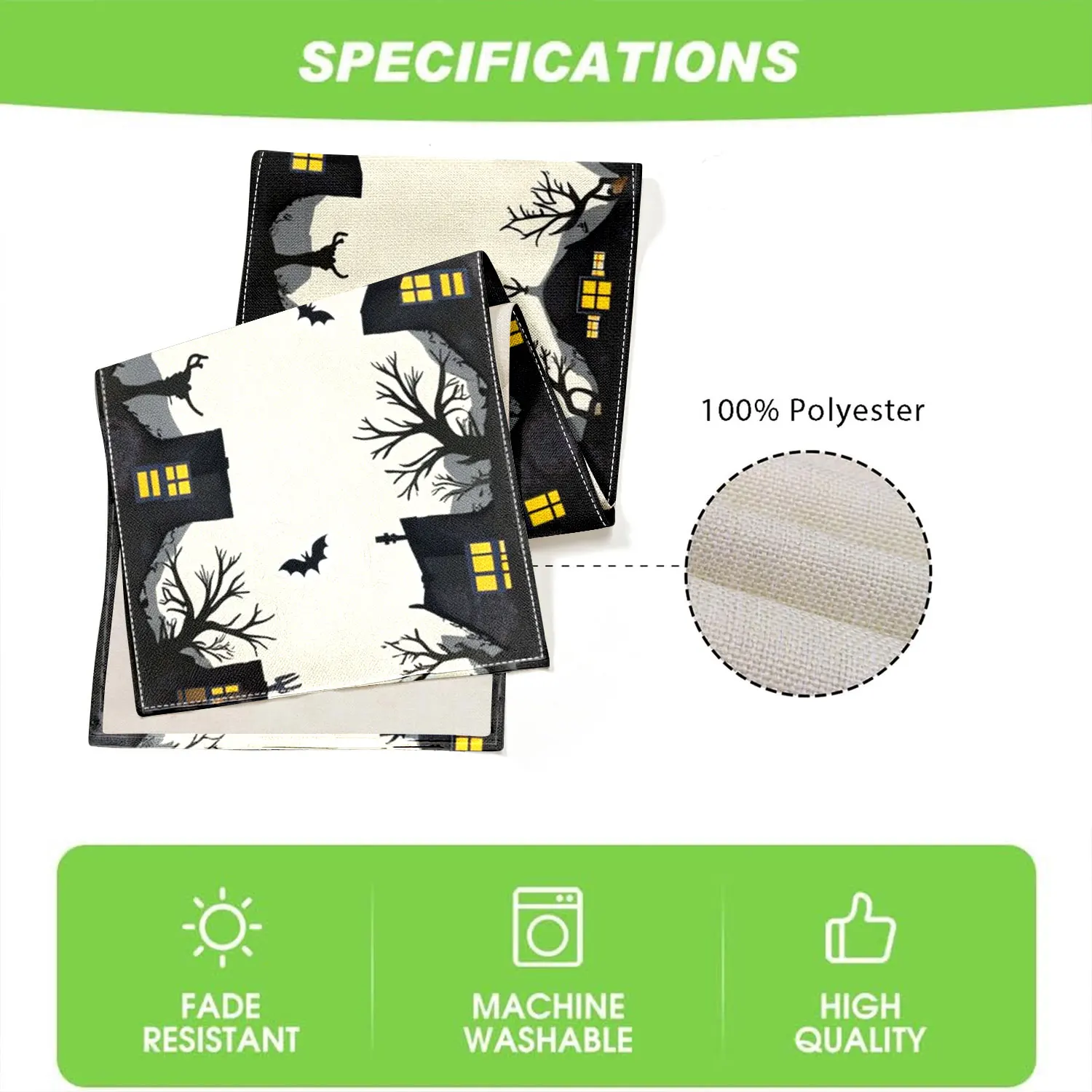 قطعة واحدة من مفرش طاولة تحت عنوان قلعة الساحرة للهالوين، يظهر قلعة وأشجار ذابلة وخفافيش، مناسب لحفلات العطلات والديكورات على الطراز الداكن