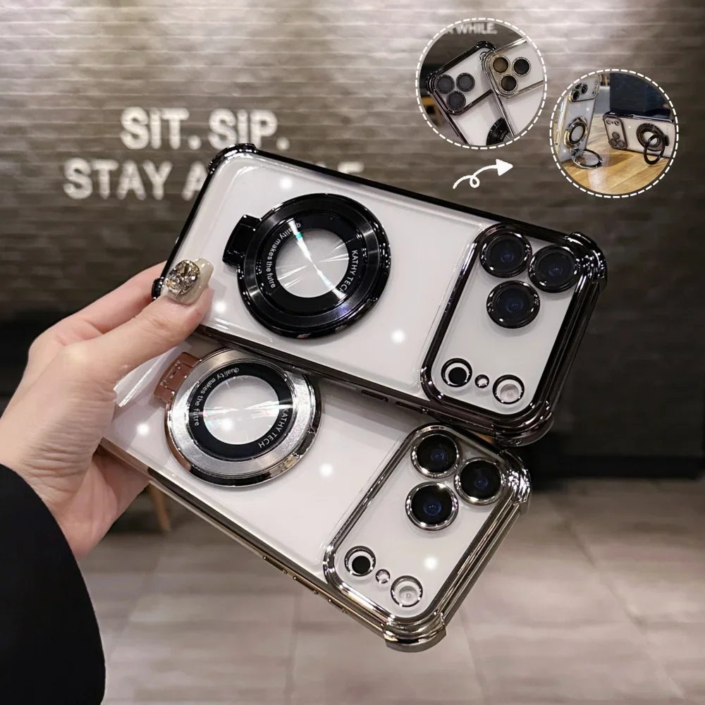Luxe Schokbestendig Plating Heldere Stand Case voor iPhone 17 Air 16 15 14 Plus 13 12 11 Pro Max voor Magsafe Magnetische Cover