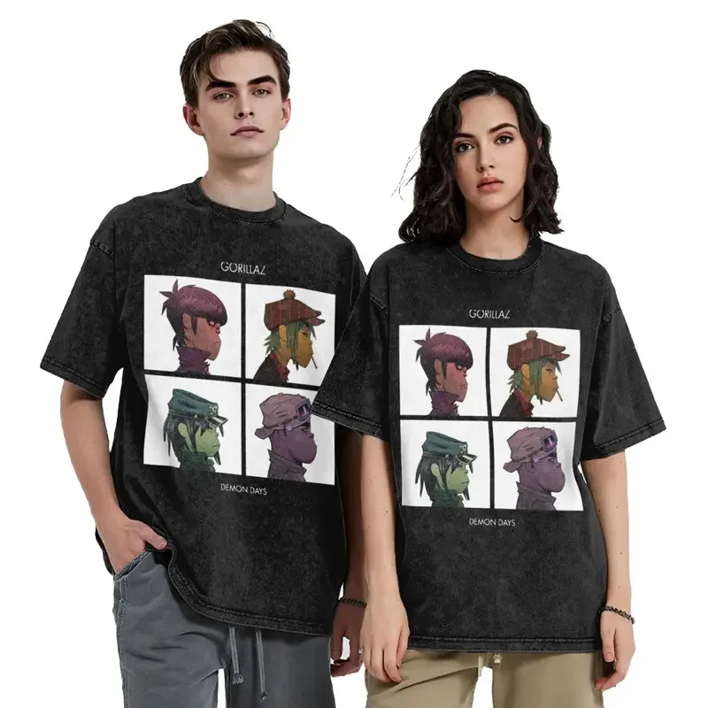 Washed T Shirt Music Band Gorillaz Demon Days Hip Hop Vintage T-Shirt Oversize Streetwear Graphic Tops Tees for Men Women