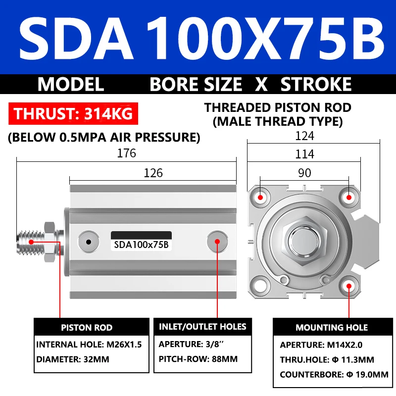 ABILKEEN SDA100X75B SDA Series Thin Air Cylinder 100MM Male Thread Bore X 75MM Stroke Double Acting Pneumatic Compact Cylinder