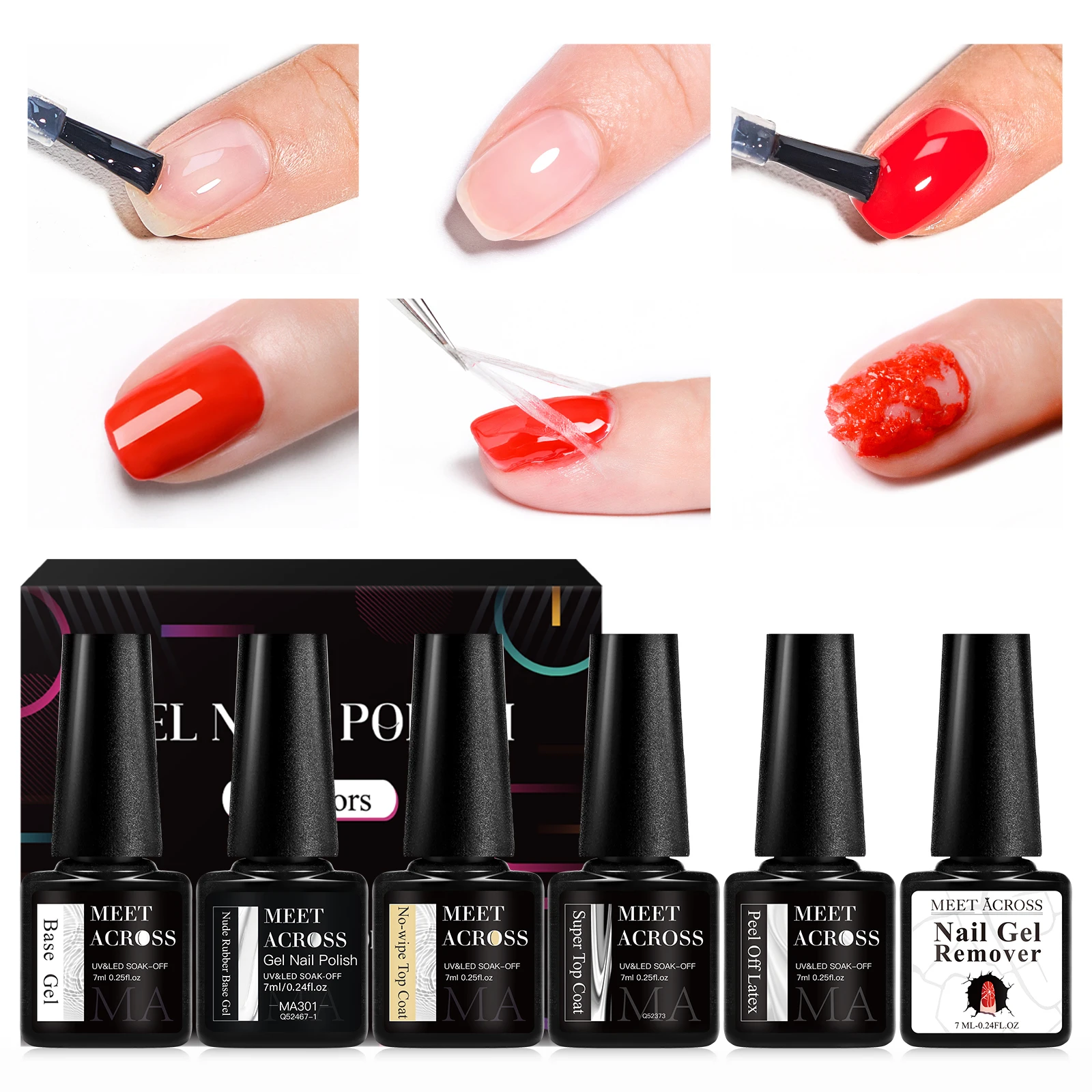 مجموعة طلاء جل الأظافر الوظيفية مكونة من 6 قطع - جل أساسي، معطف علوي، تقشر اللاتكس، مزيل جل الأظافر، تصميم طلاء أظافر DIY #1