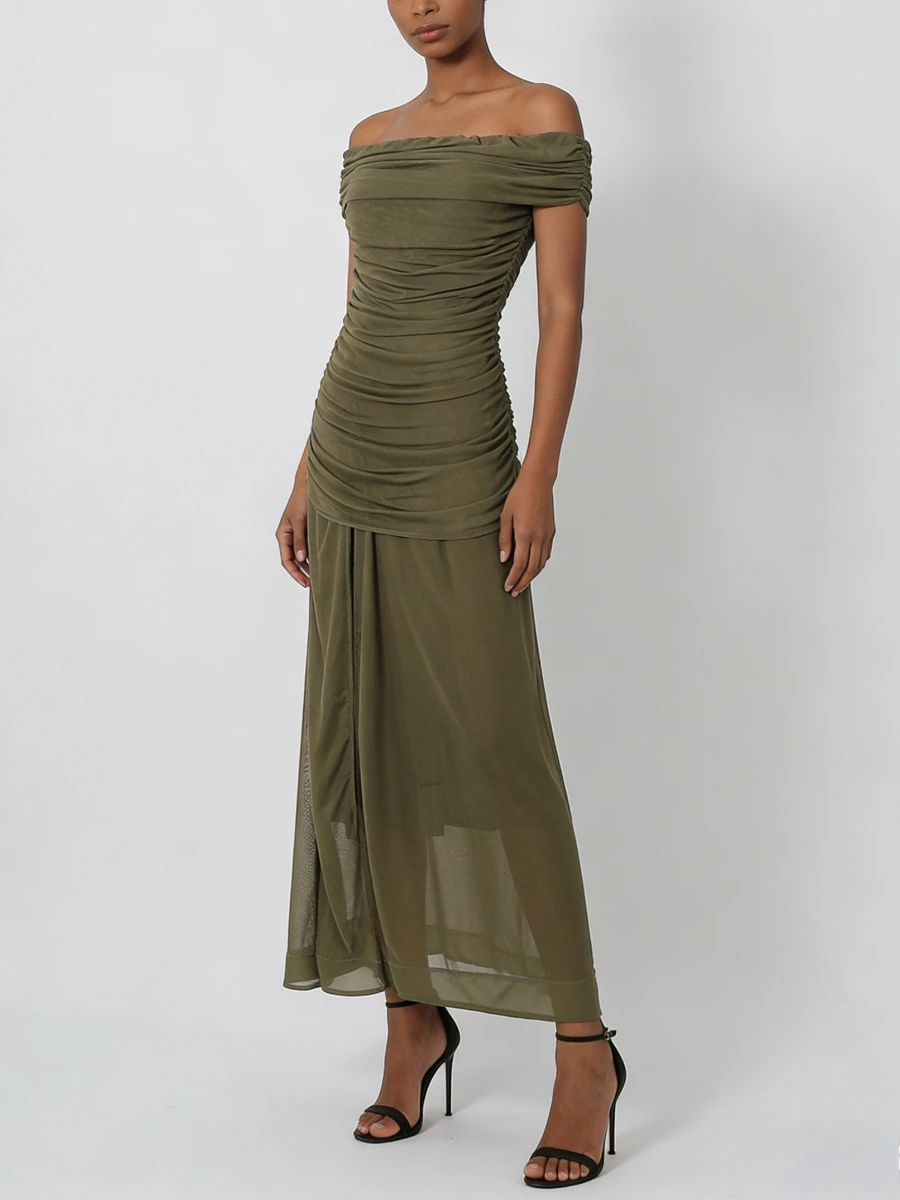 VGH Green Loose Spliced Folds Chic Dresses for Women Slash Neck Sleeveless Elegant Intellectual Dress Female Summer Fashion New