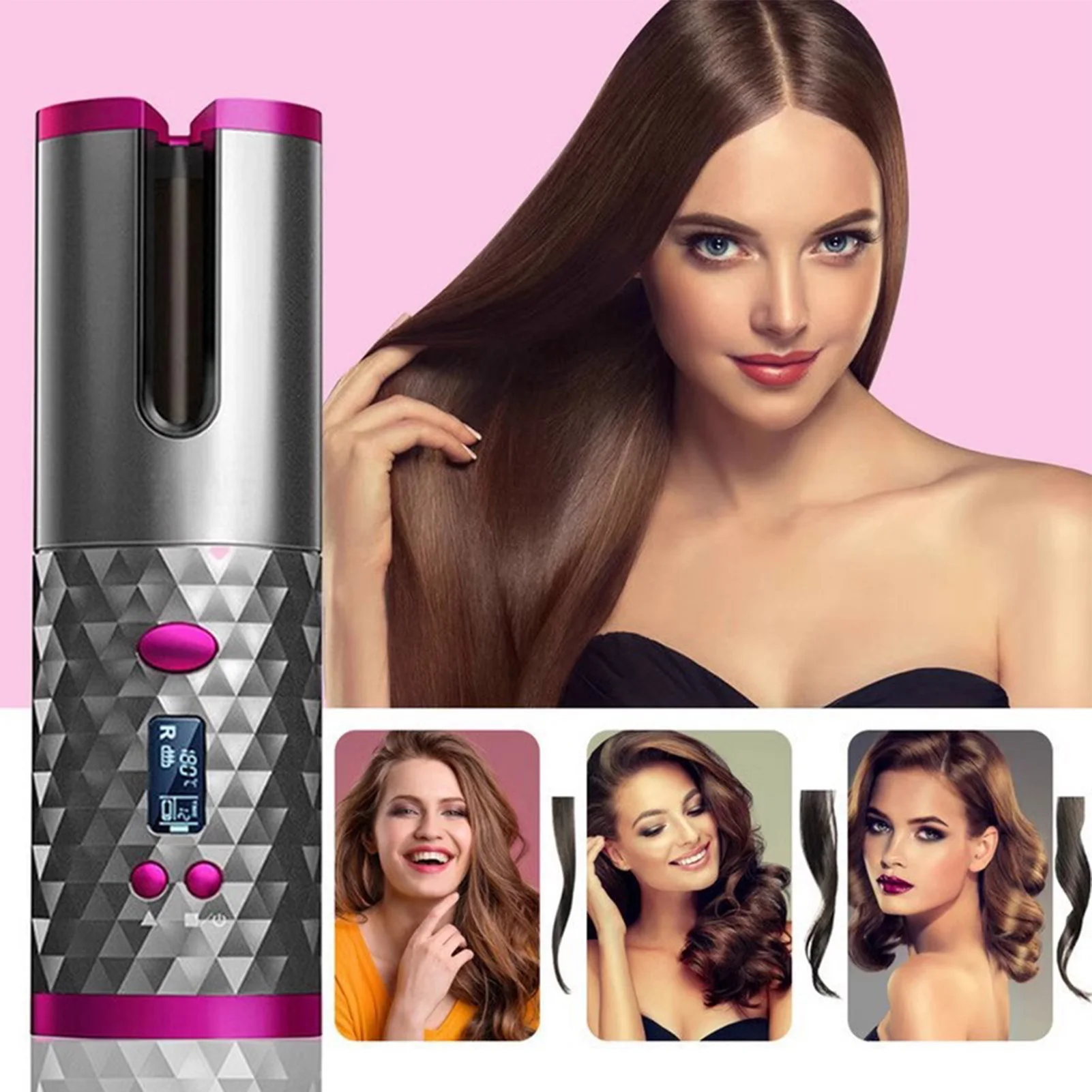 

Cordless Automatic Hair Curler Auto Hair Curling Iron 4 Timers 5000mAh Battery 3 Temperatures Rechargeable for Home for Travel
