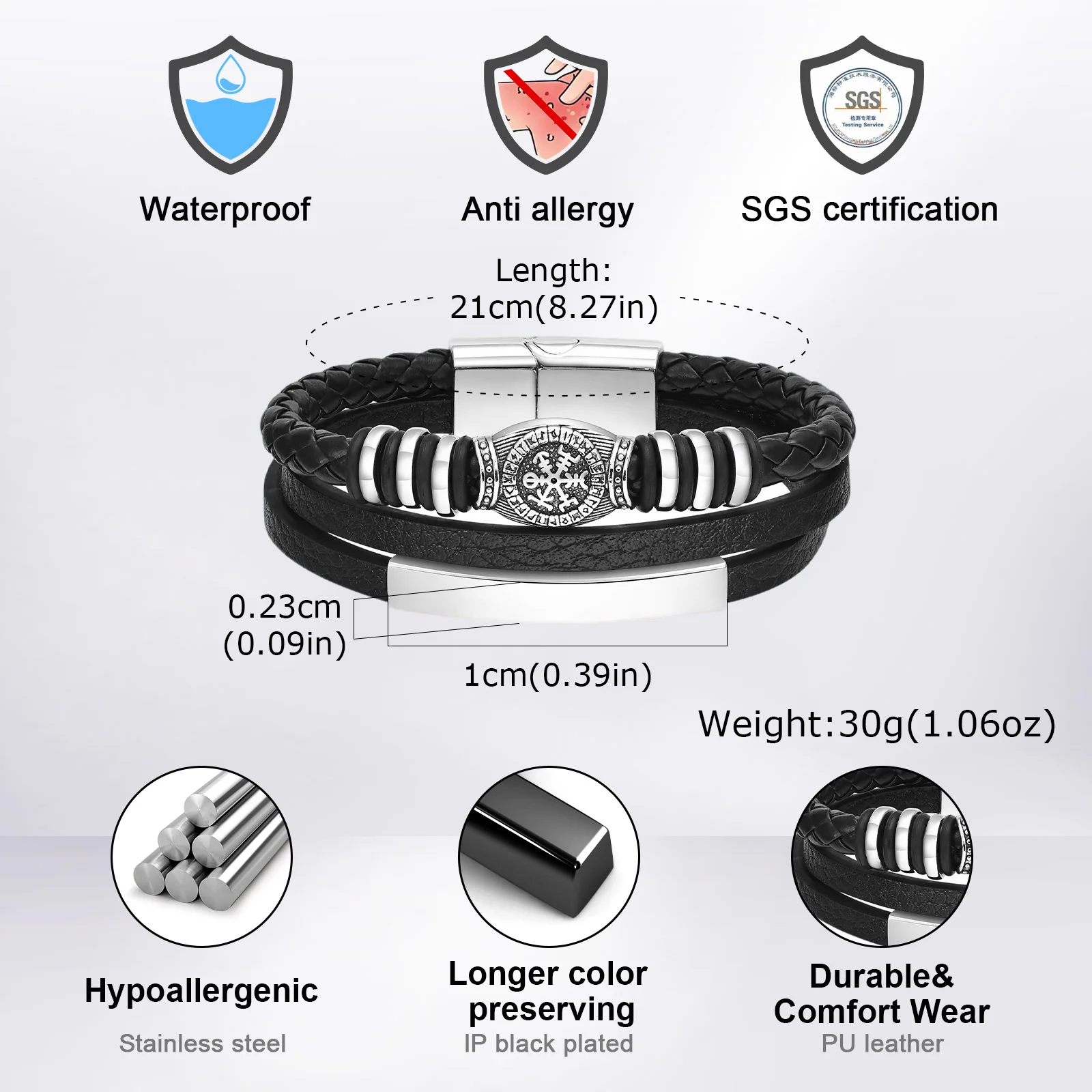 Vnox Herren Mehrschichtiges Lederarmband, Nordisches Wikinger-Kompass-Lebensbaum-Fußball-Perlenarmband, Schmuckgeschenk mit Magnetverschluss – Detail 8