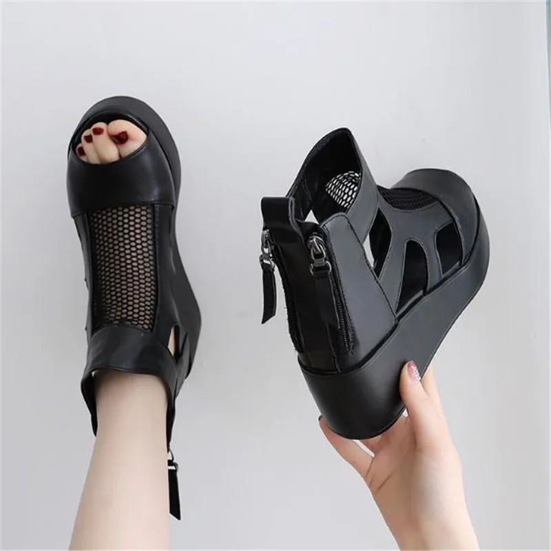 6cm Sandals women summer new fashion thick-bottomed breathable Eugene yarn mesh magic paste Roman sandals 34 42