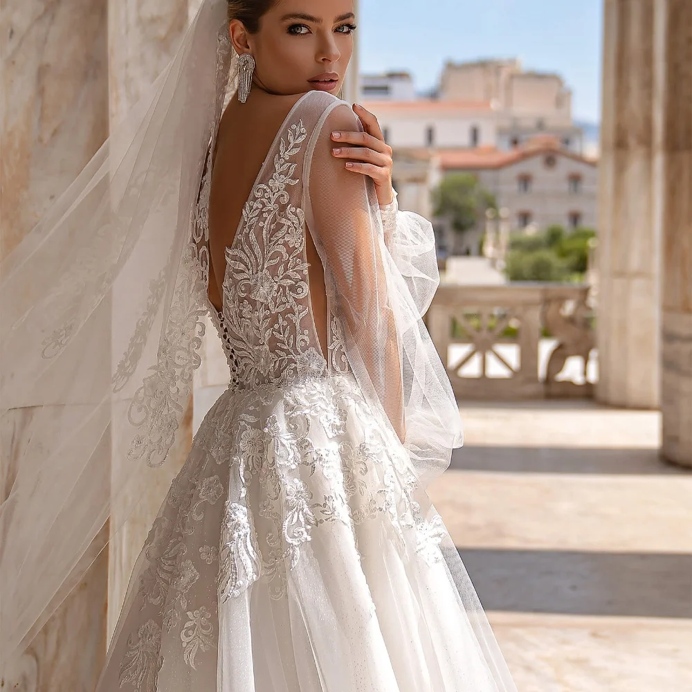 Precioso Vestido De novia De línea A personalizado para novia, Apliques De encaje De tul con cuello en V, Vestido De novia De manga larga hinchado, Vestido De YAW68