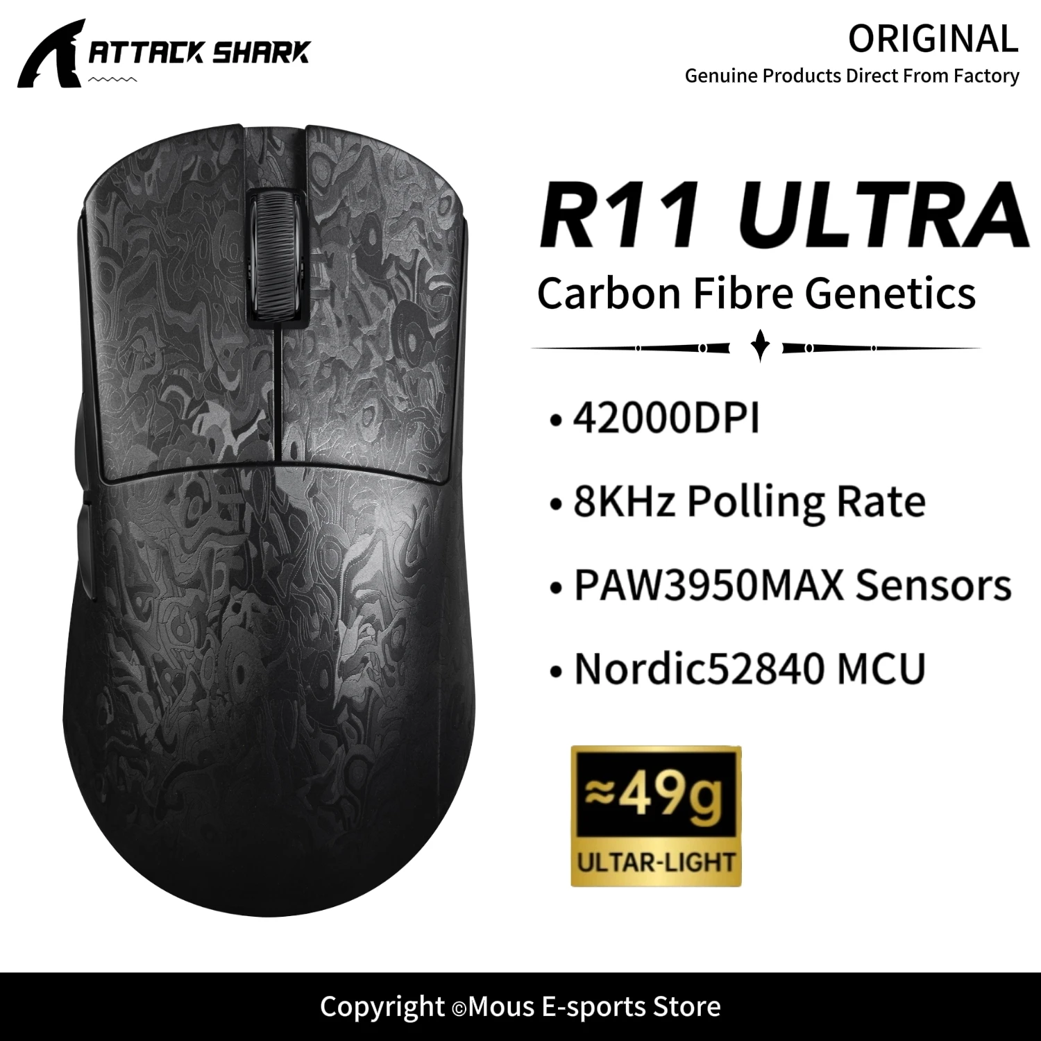 ATTACK SHARK R11 ULTRA Ultralight Carbon Fiber Mouse 8K Polling Rate Omron 100M Switch Nordic 52840 300mAh Battery FPS Gaming