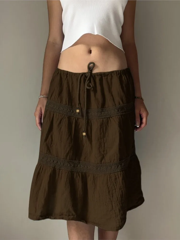 

Loose Casual Versatile Medium Skirt Women's Retro Style Solid Color Lace Beaded Tie Skirt Spring Fashion Stitching Short Skirt