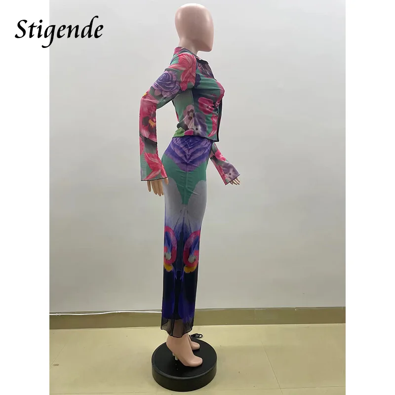 Stigende Floral Print Two Piece Skirt Set Women Patchwork Mesh Slim Fit Outfits Bohemian Ruched Blouse Shirts and Long Skirt