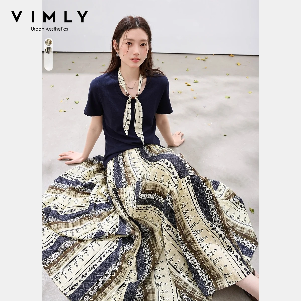 

VIMLY Women's Vacation Two-Piece Set 2026 Summer New Navy Blue Round Neck Sash Tie T-shirt Print Midi Skirt Commute Sets 30755