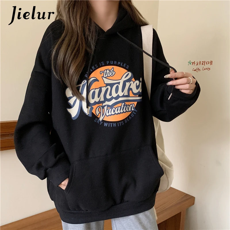 Winter Fleece Printed Women Hoodies Pocket Hooded Sweatshirt Female Chic Classic Loose Cool White Gray Black Pullover M-XL