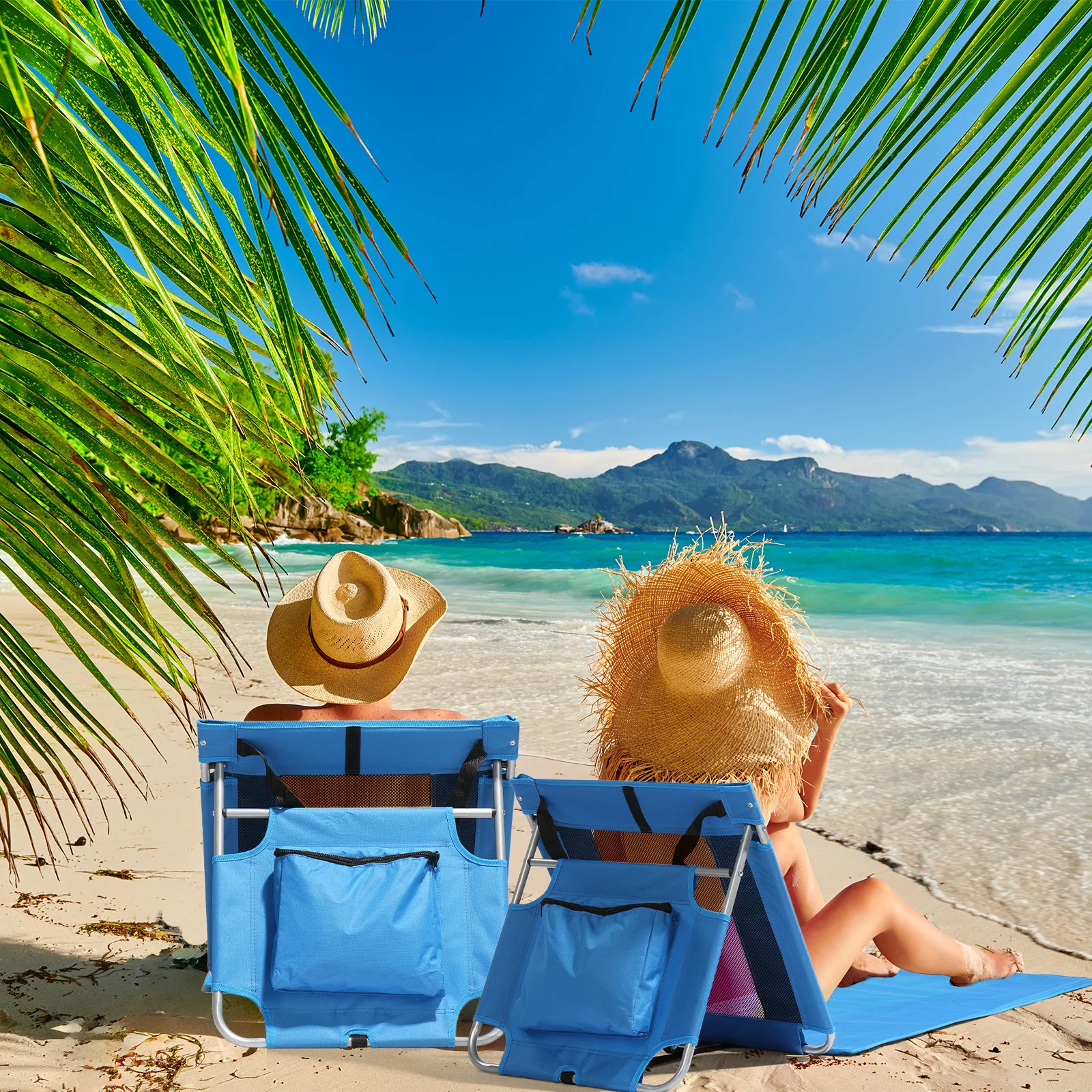 Faltbare Strandliege, leichter Strandmatten-Loungesessel mit atmungsaktiver Netzrückseite, Kühltasche zum Bräunen und Entspannen