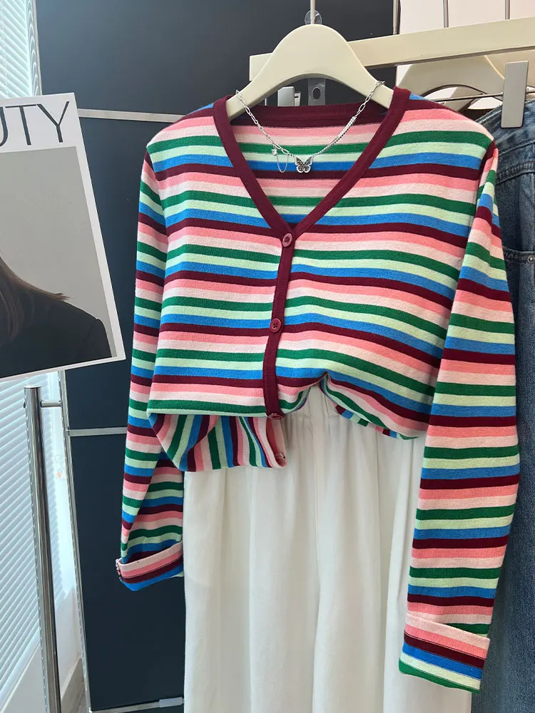 Faionable Striped V-Ne Single-Button Knitted Cardigan Casual Commute Sle Long Sve Outerwear Unique Top for Women